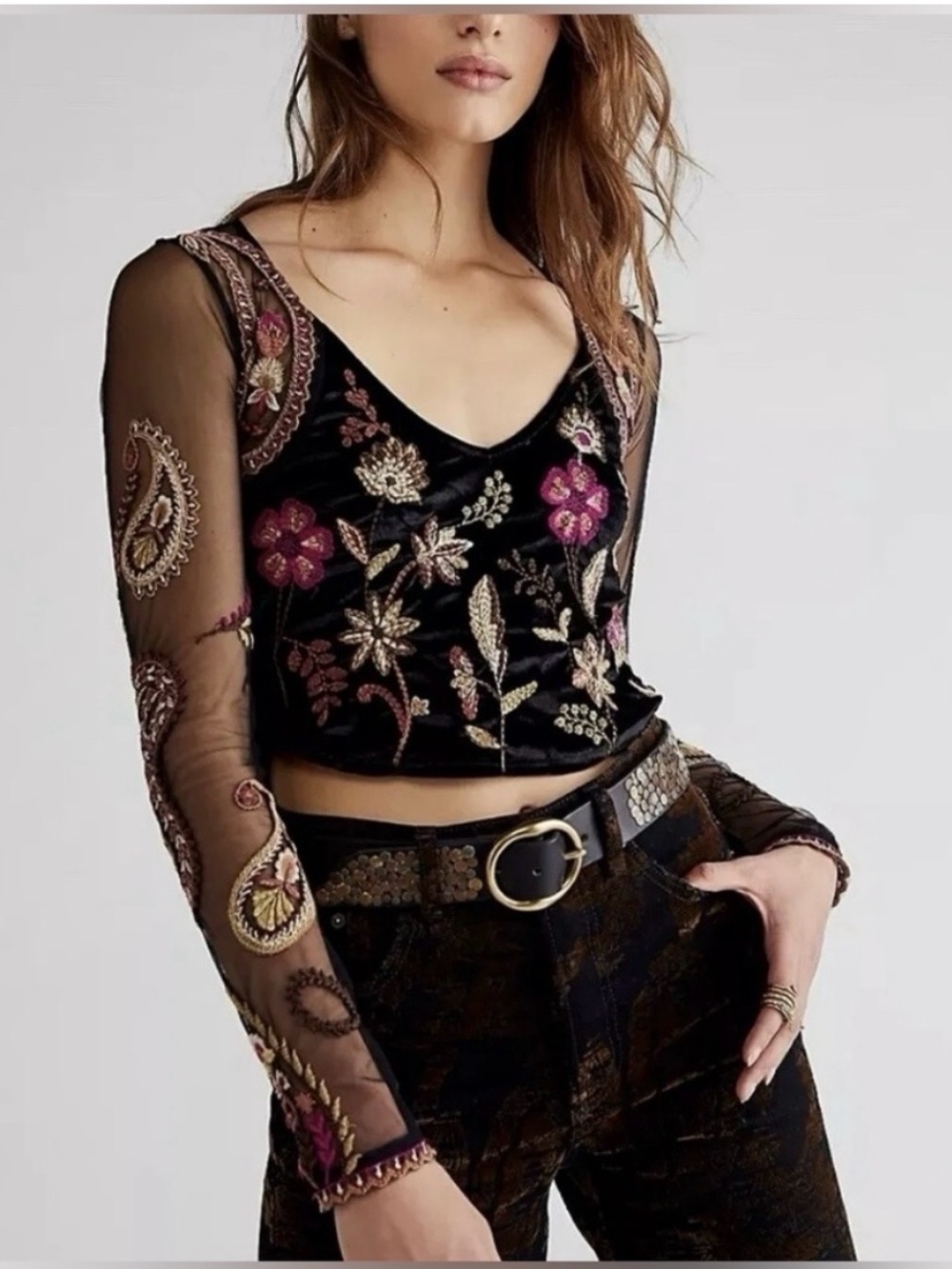 Free People Cropped Embroidered Corset Mesh Florence Top Size Medium